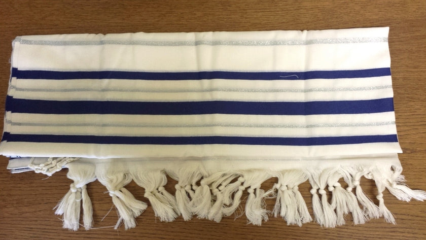 Talit Gadol bandes bleues larges avec liseret argent en laine : plusieurs tailles