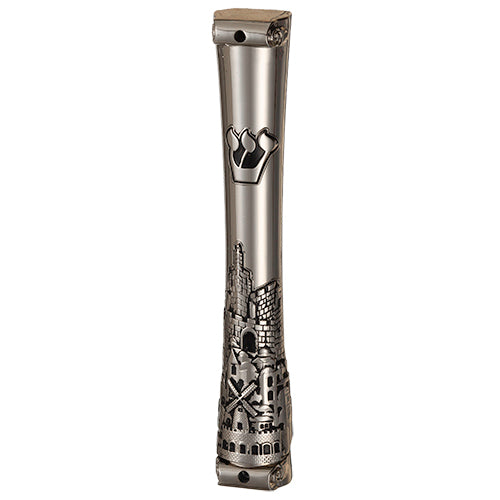 Boitier de Mezouza avec décoration cité de du roi David en métal argenté - 12cm