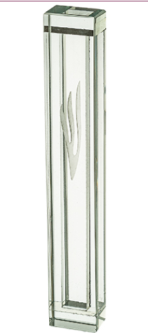 boitier mezouza en crystal transparent de 12 cm avec shin stylisé