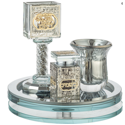 SET HAVDALA en crystal teinté argent avec déco plaque 20 cm