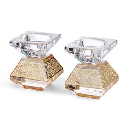 Bougeoirs en crystal couleur miel avec déco plaque découpée dorée 7 cm