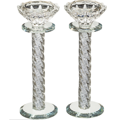 Paire de bougeoirs en cristal torsadés et déco, pierres de 17 cm de hauteur