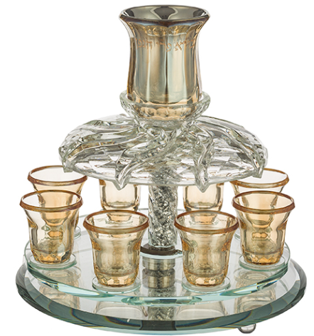 Fontaine à kidouch en crystal naturel et teinté doré avec 8 petits verres