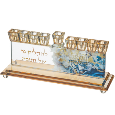 Hanoukia en cristal de 14 cm de hauteur avec déco bleue